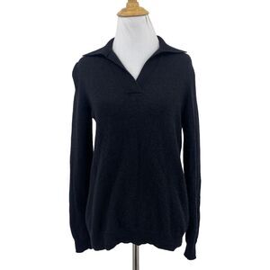 Filoro Sweater Womens M Medium Black 2 Ply Cashmere V Neck Popover Collar *READ